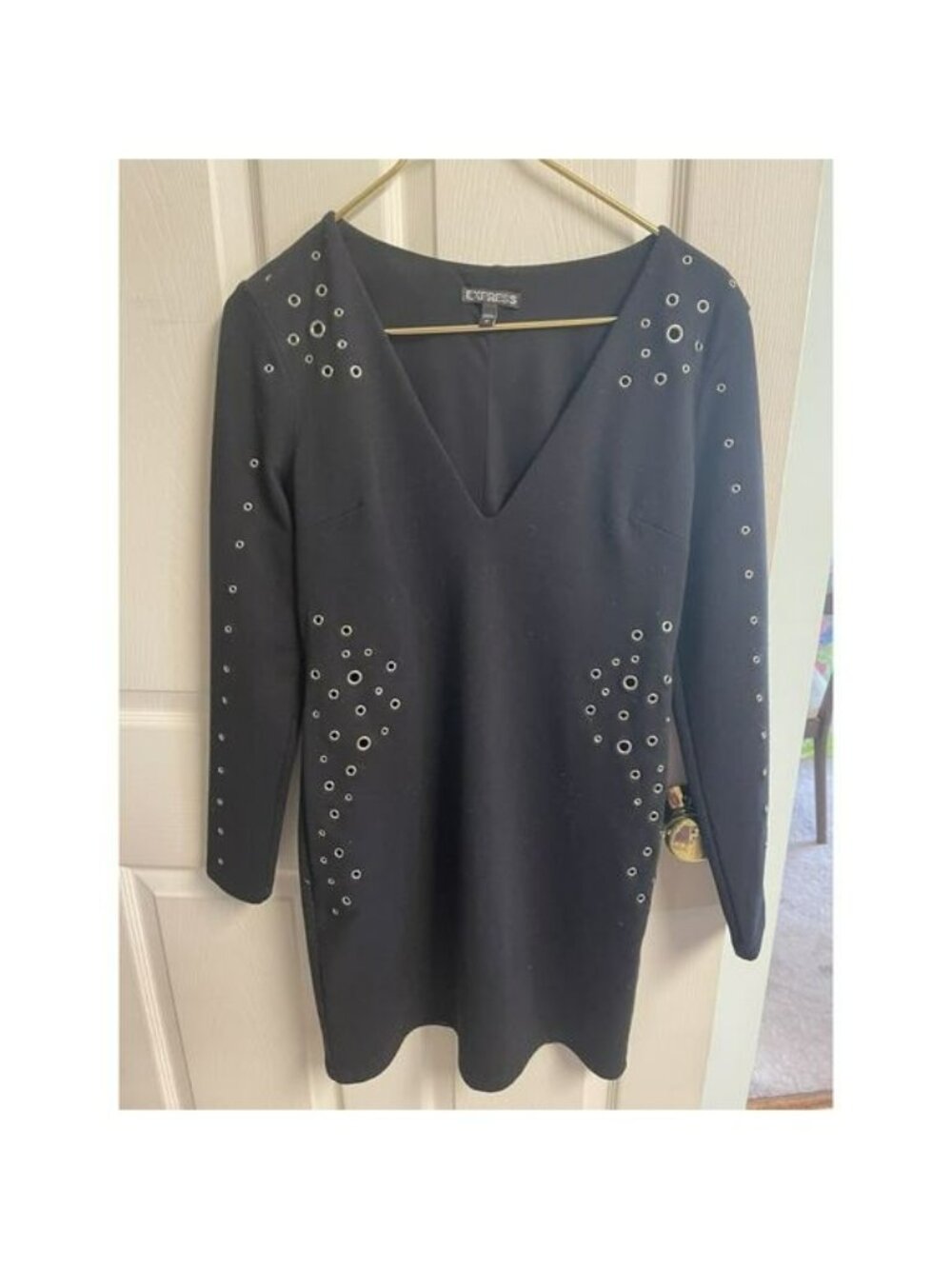 VNT 90s Y2K Black Mini Shirt Dress Express Size Small Cut Out Metal Holes Goth